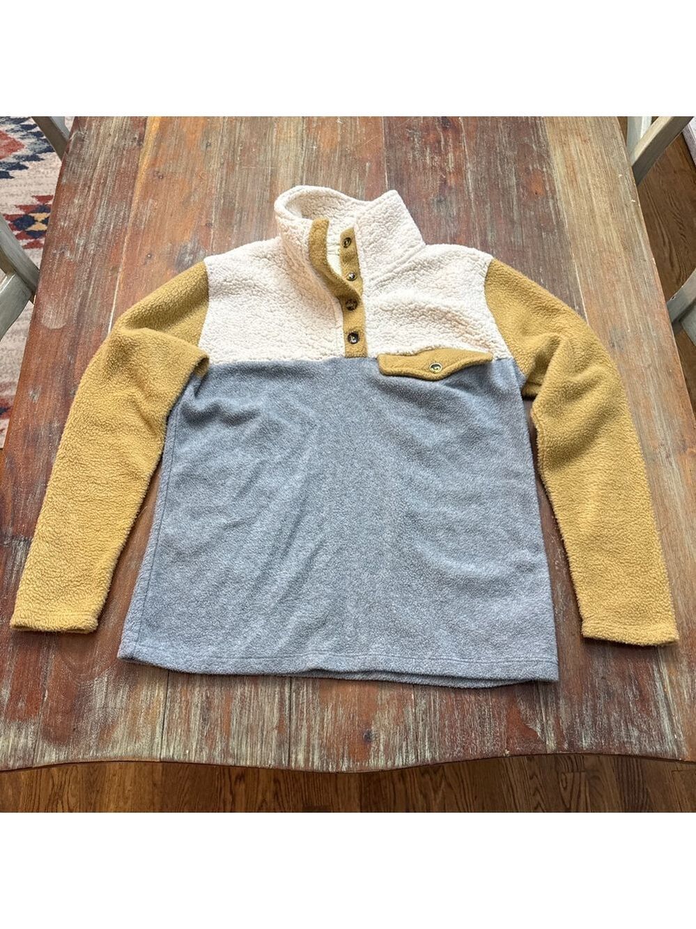 DONNI Tri-Fleece Button Neck Colorblock Pullover XS Grey Cream Mustard